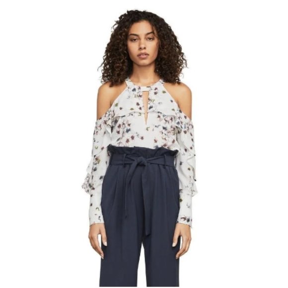 BCBGMAXAZRIA Celestine White Floral Cold Shoulder Ruffle Blouse XXS - Picture 2 of 9